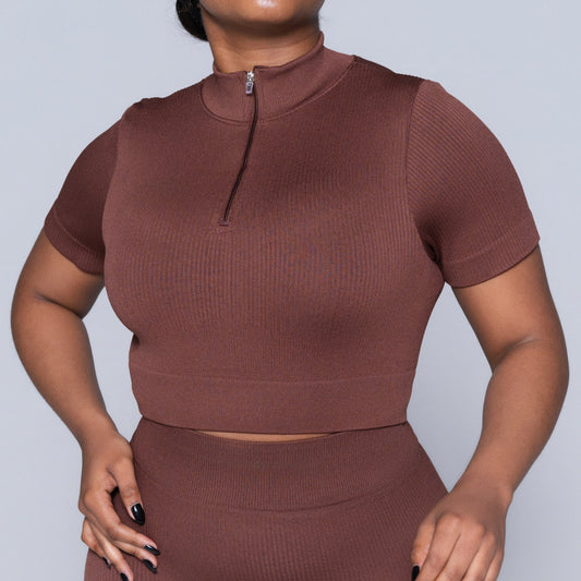 Brown Zip Detail Gym Top