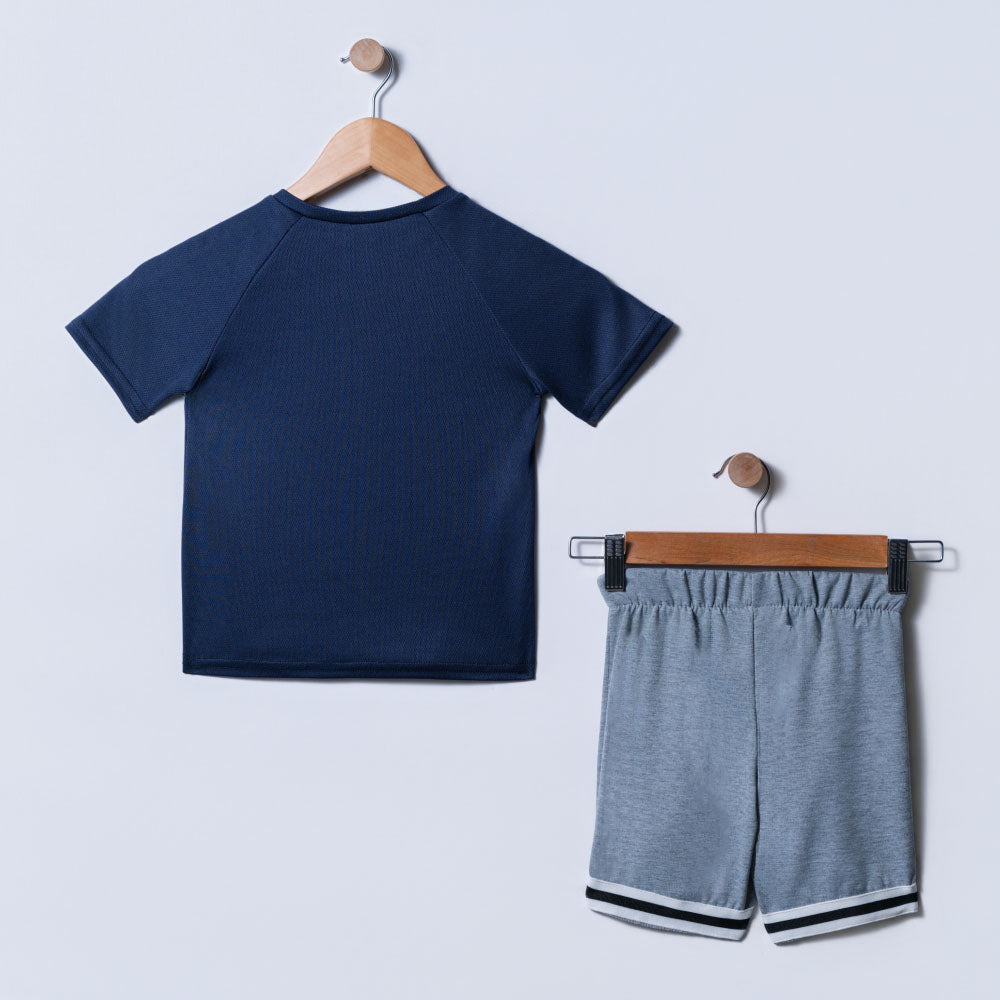 Boys Printed Navy Top And Shorts Set