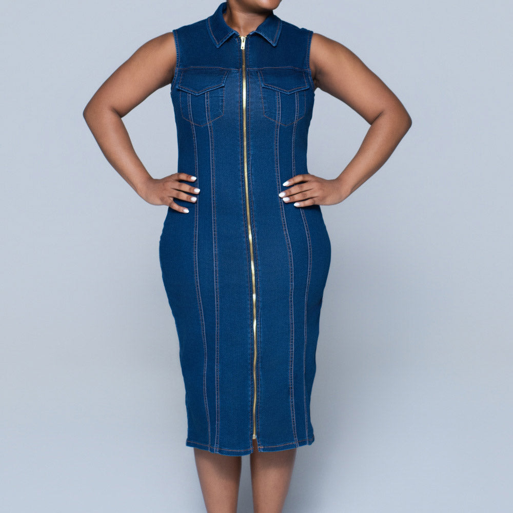 Ladies Sleeveless Pocket Detail Denim Dress
