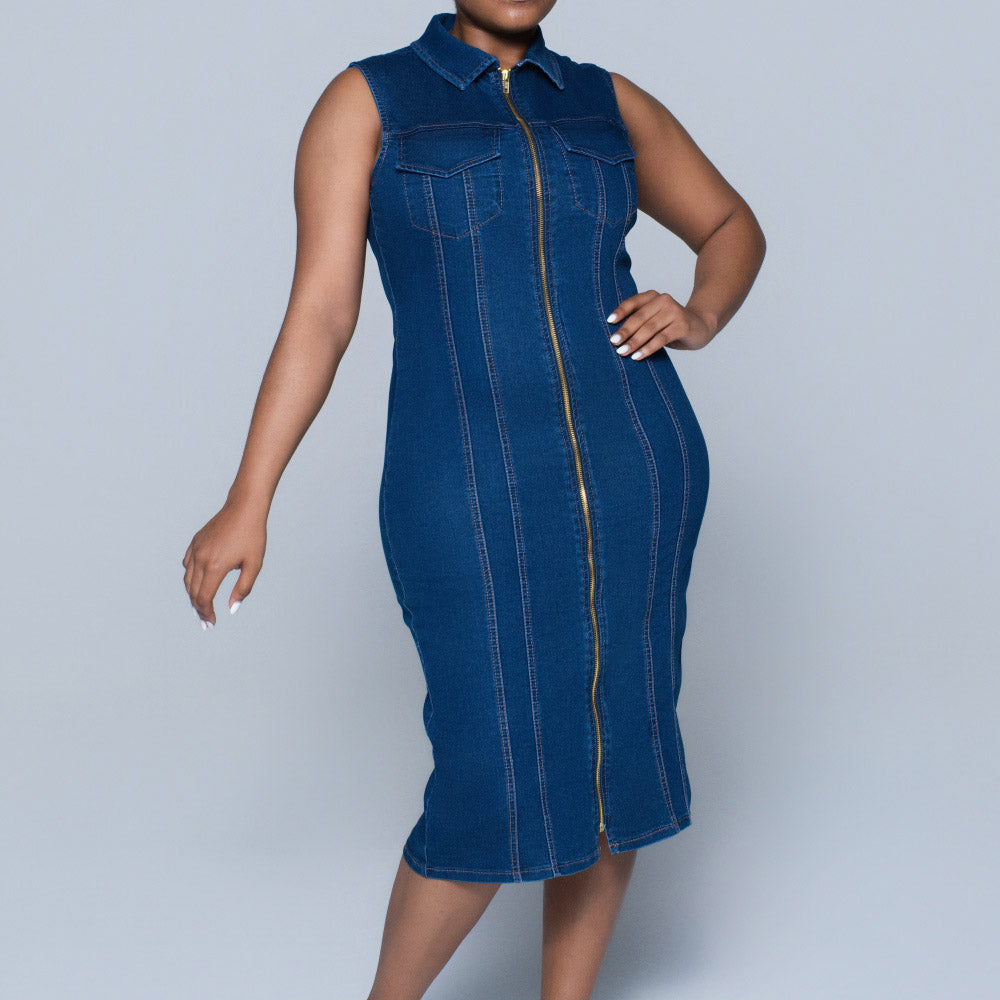 Ladies Sleeveless Pocket Detail Denim Dress