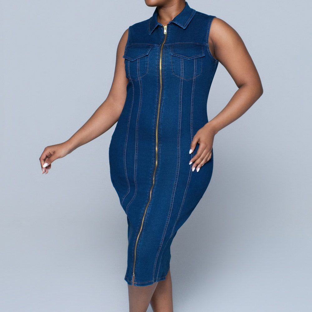 Ladies Sleeveless Pocket Detail Denim Dress