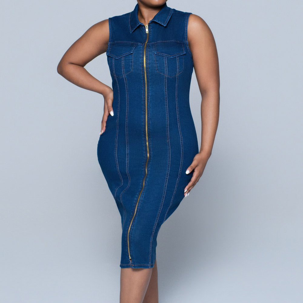 Ladies Sleeveless Pocket Detail Denim Dress