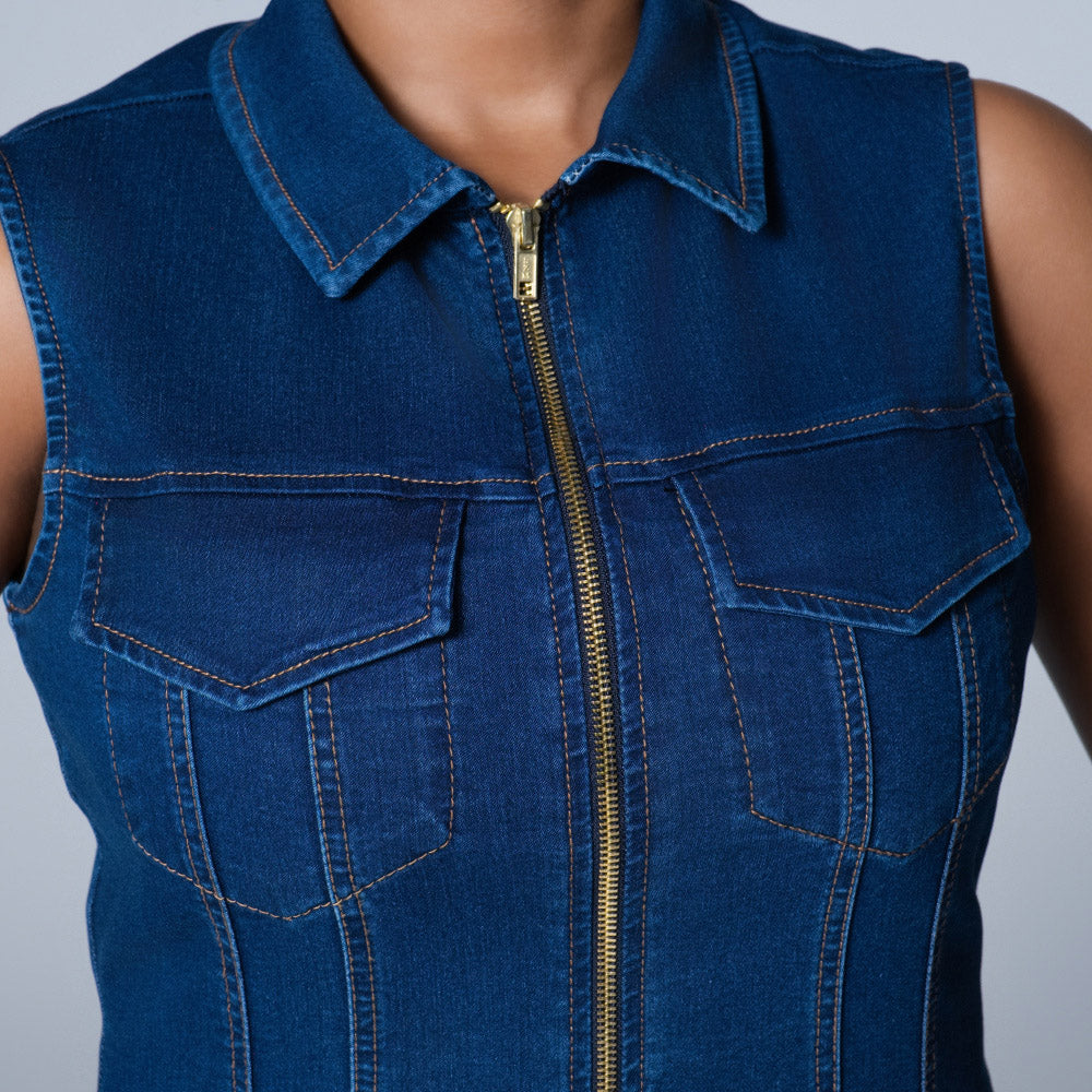 Ladies Sleeveless Pocket Detail Denim Dress