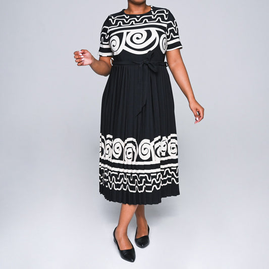 Plus Size Border Print Pleated Dress