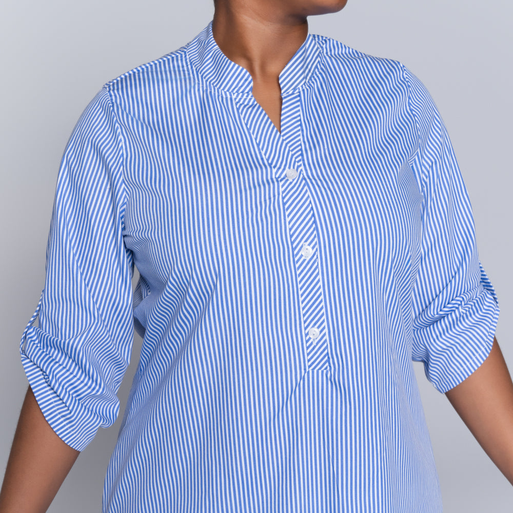Blue Plus Size Cotton Striped Tunic