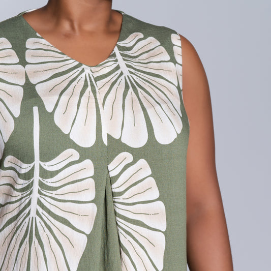 Olive Sleeveless Printed Plus Size Dress