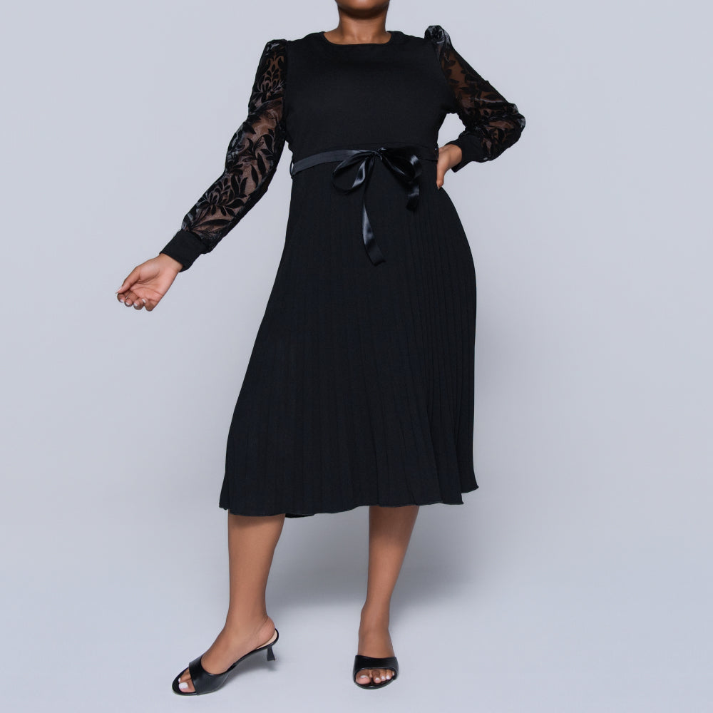Plus Size Black Long Sleeve Pleated Dress