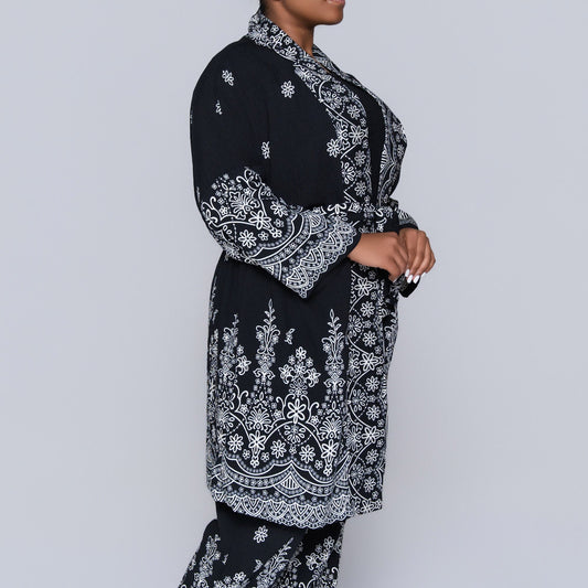 Plus Size Tie-Belt Printed Kimono