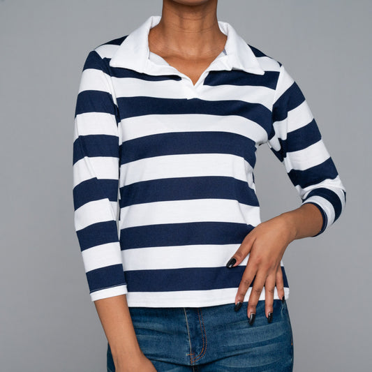 Striped Long Sleeve Collar Edit Top