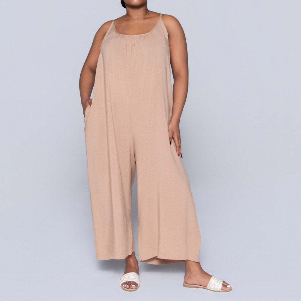 Strappy Plain Camel Jumpsuit