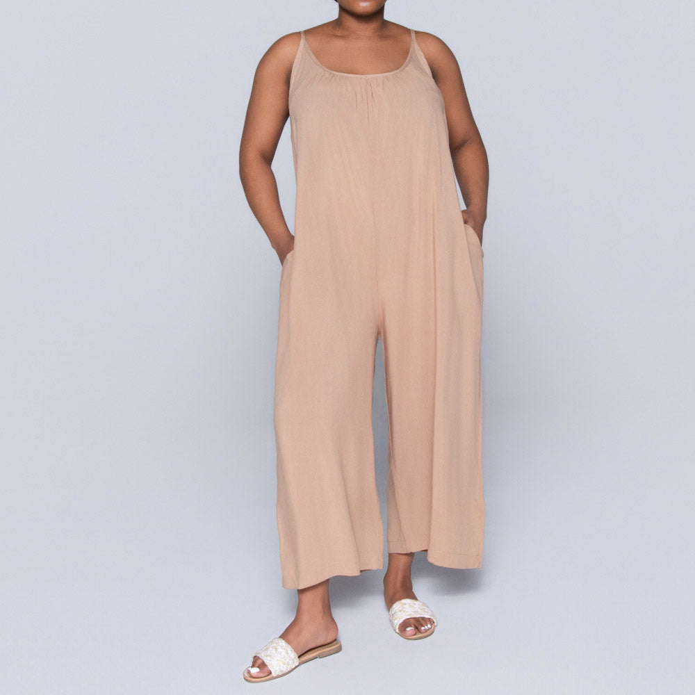 Strappy Plain Camel Jumpsuit