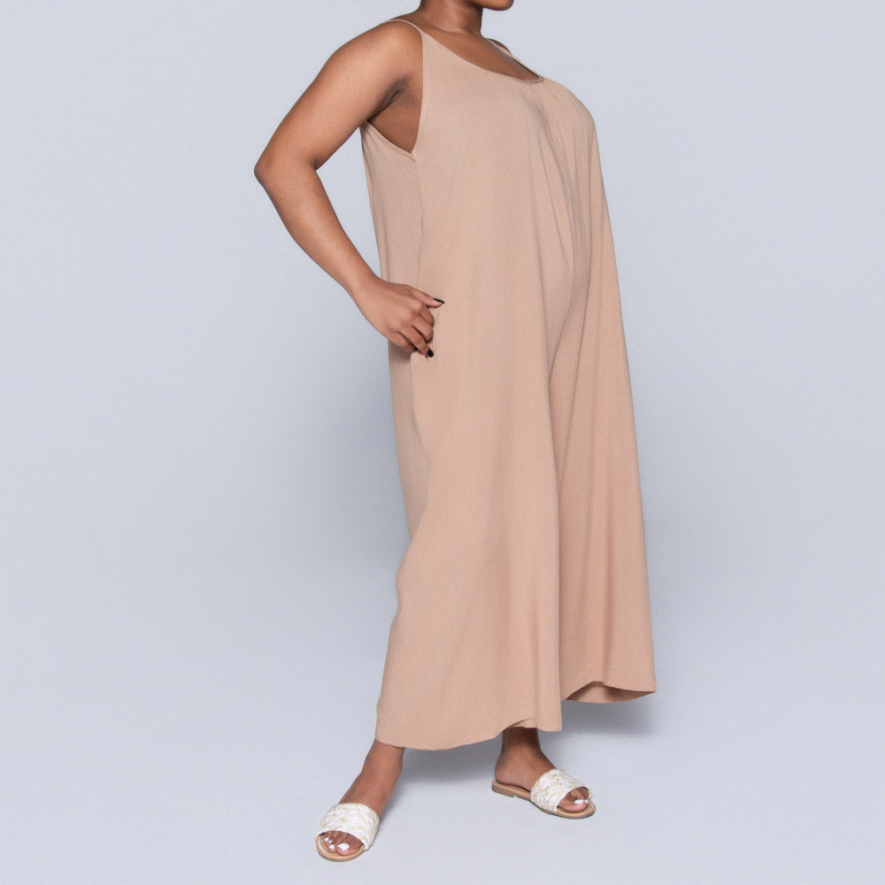 Strappy Plain Camel Jumpsuit