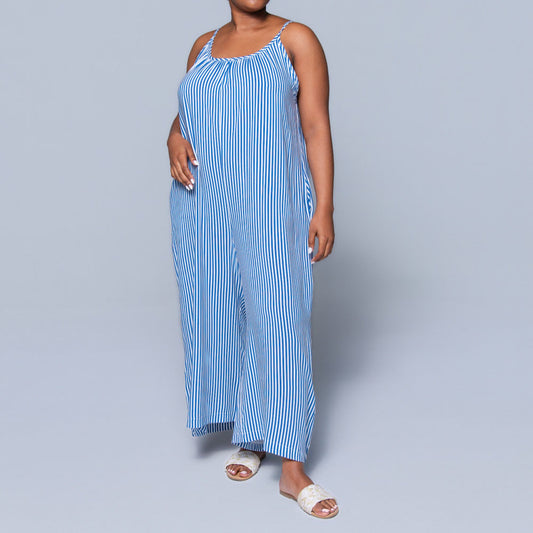 Blue Strappy Striped Viscose Jumpsuit