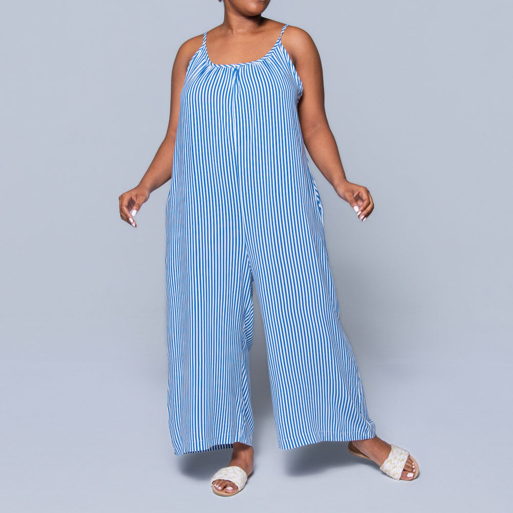Blue Strappy Striped Viscose Jumpsuit