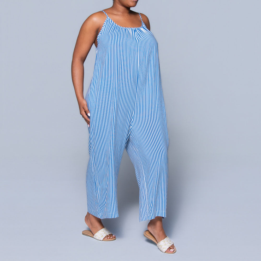 Blue Strappy Striped Viscose Jumpsuit