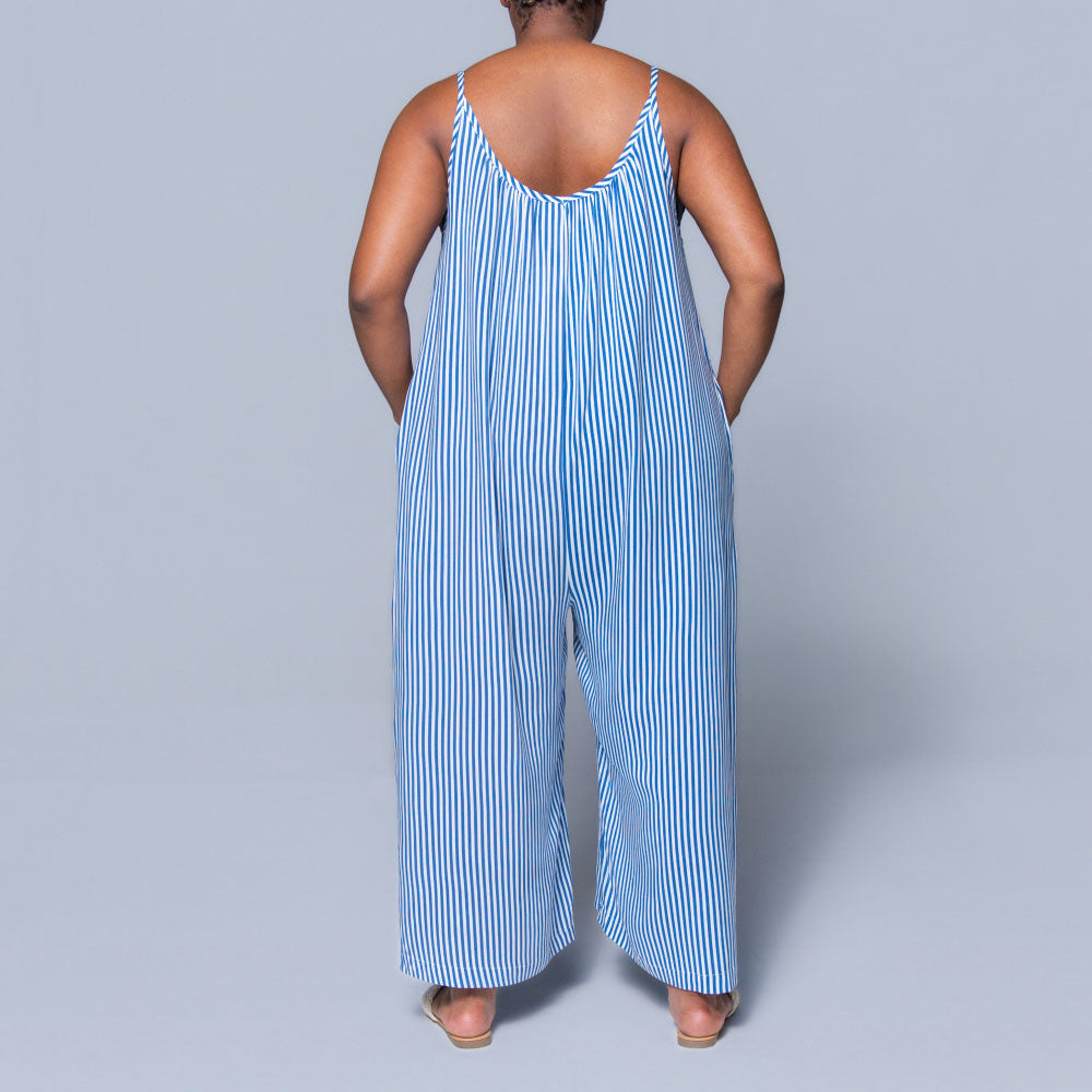 Blue Strappy Striped Viscose Jumpsuit