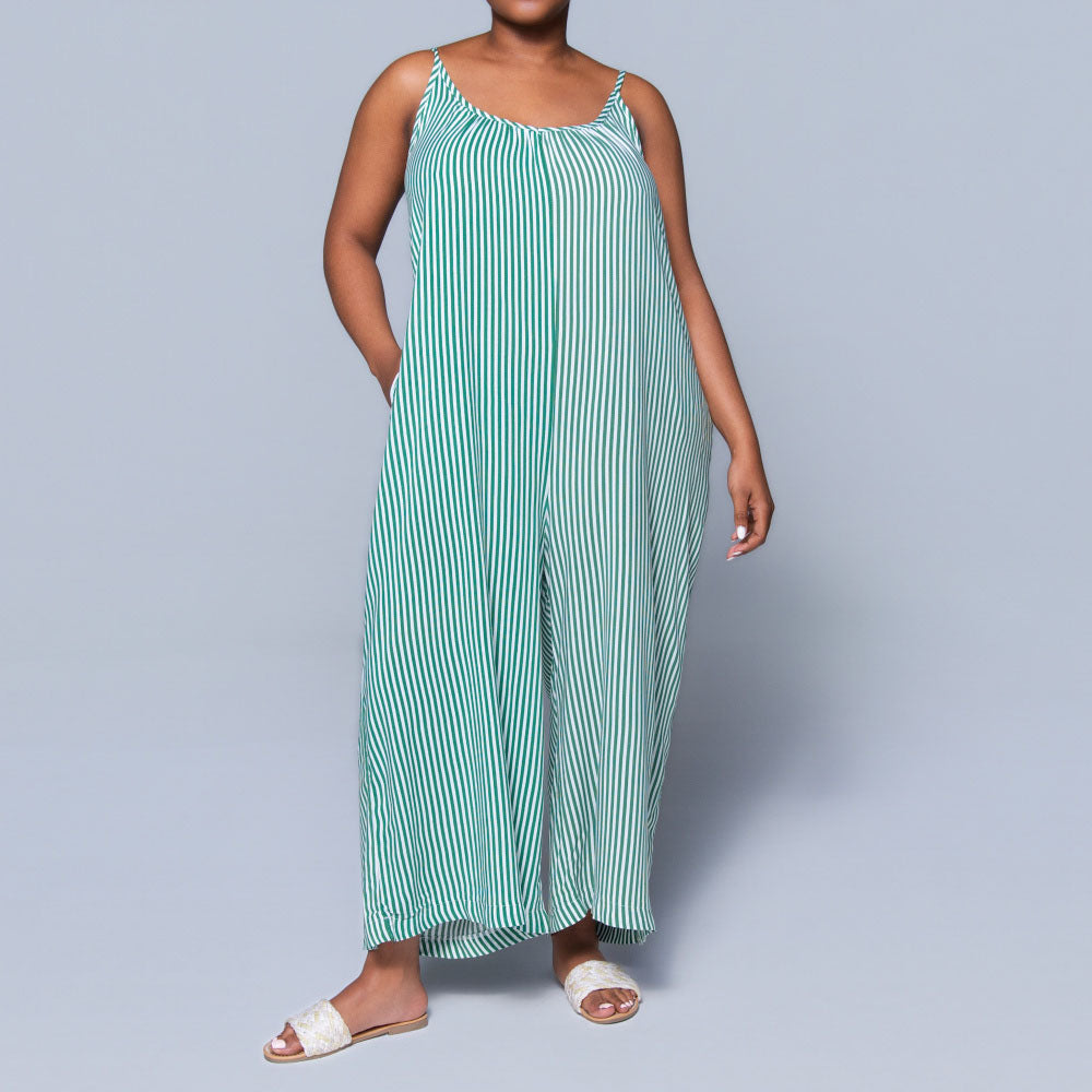 Green Strappy Striped Viscose Jumpsuit