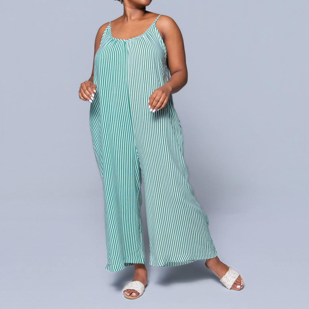 Green Strappy Striped Viscose Jumpsuit