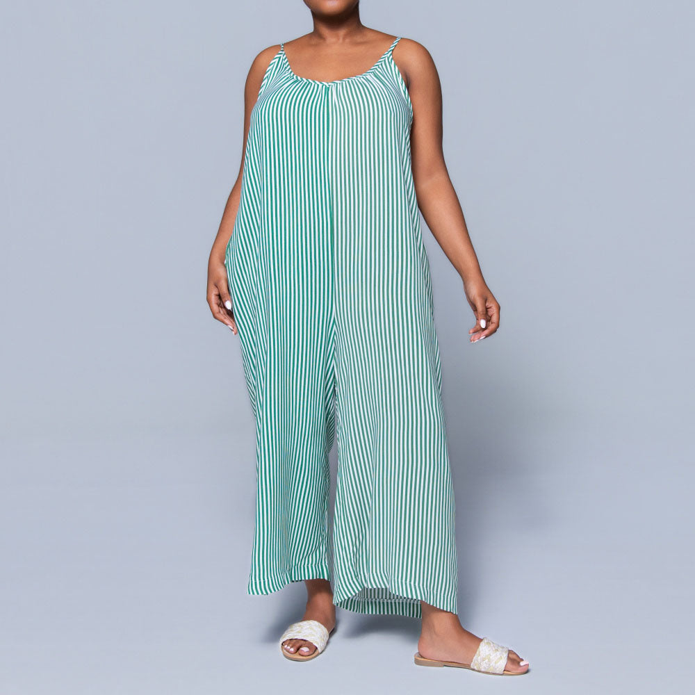 Green Strappy Striped Viscose Jumpsuit