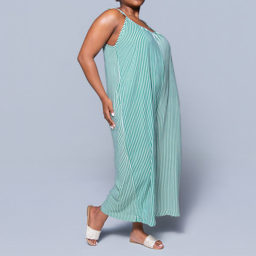 Green Strappy Striped Viscose Jumpsuit
