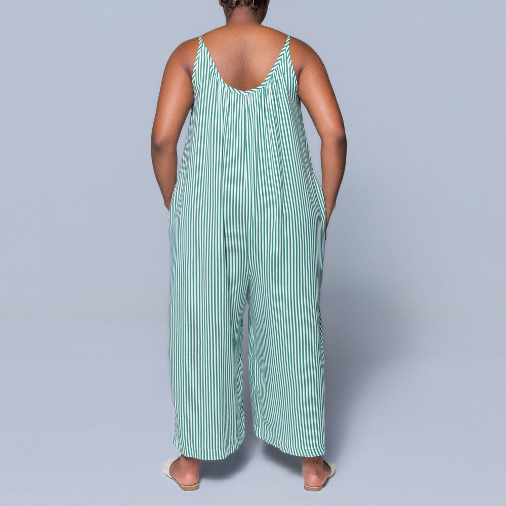 Green Strappy Striped Viscose Jumpsuit