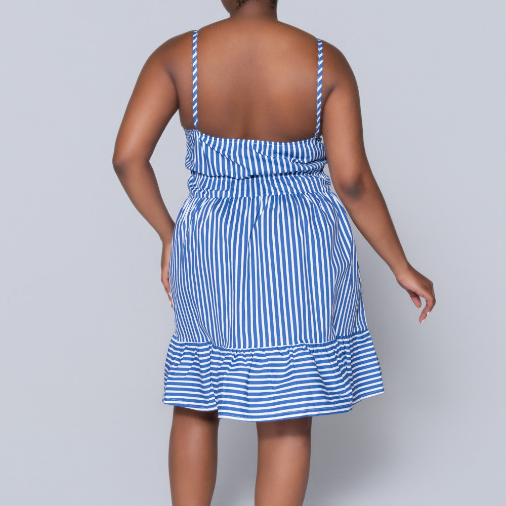 Blue Strappy Striped Tiered Dress