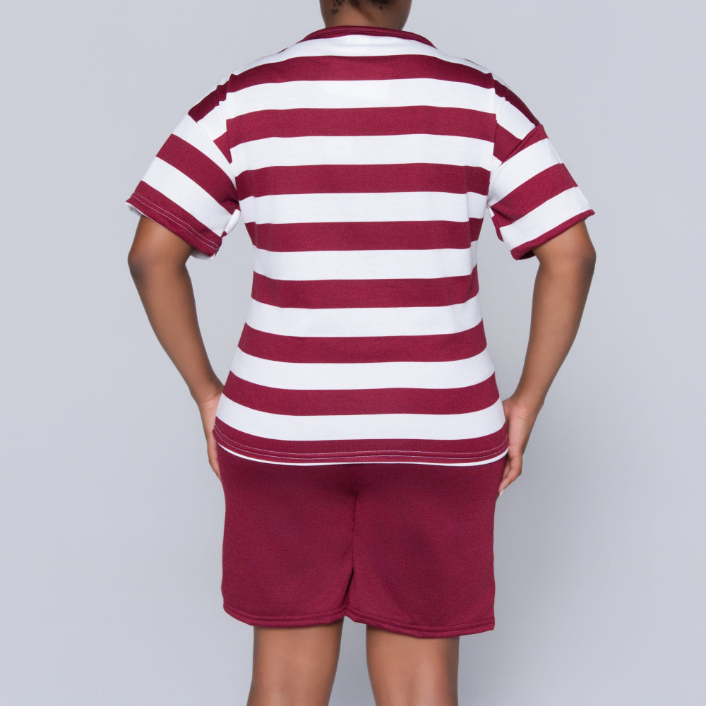 Wine/Ivory Striped Shorts And Top Set