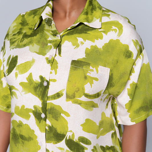 Green Printed Front-Tie Top