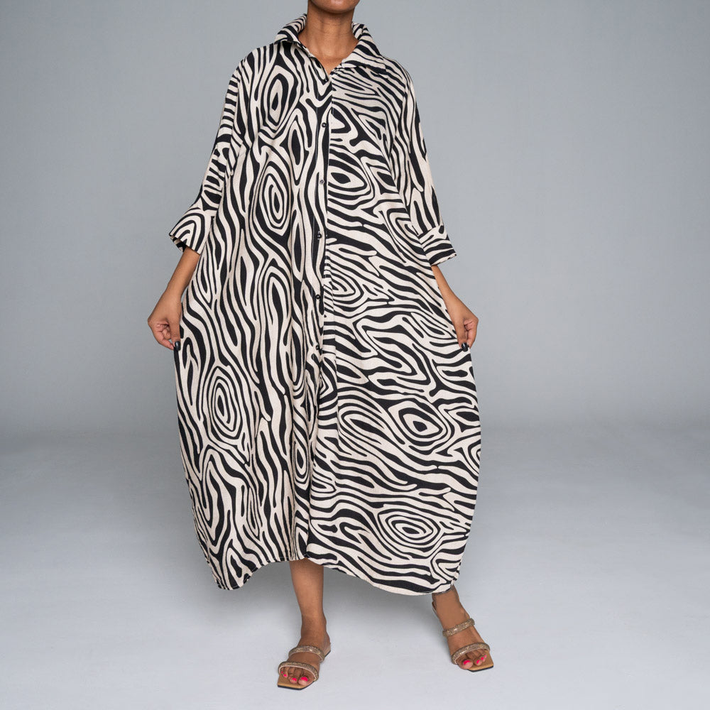 Black/Stone Printed Nylon Crepe Kaftan