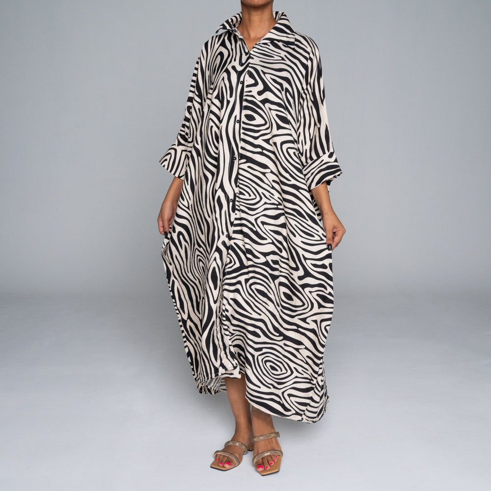 Black/Stone Printed Nylon Crepe Kaftan