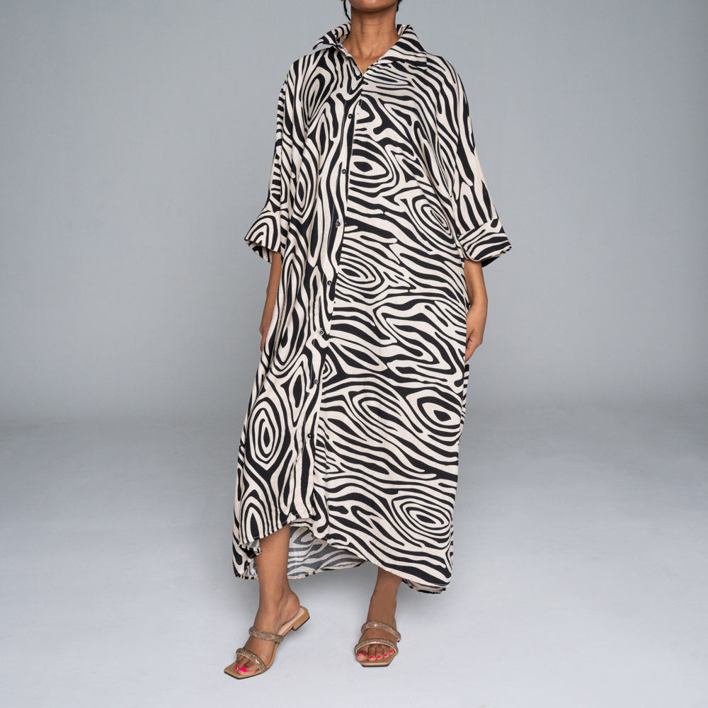 Black/Stone Printed Nylon Crepe Kaftan