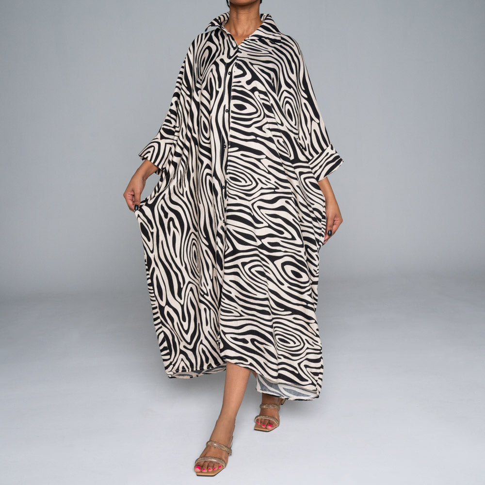 Black/Stone Printed Nylon Crepe Kaftan