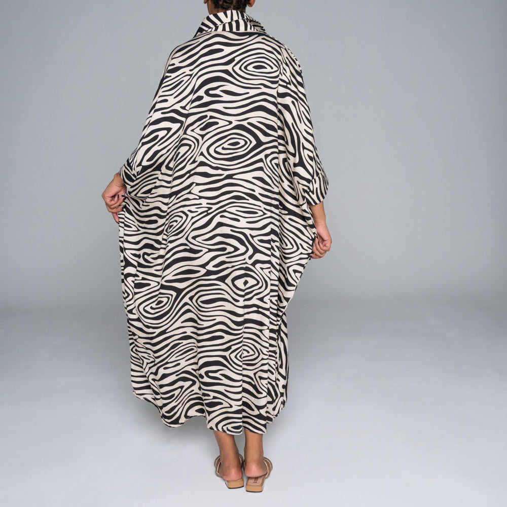 Black/Stone Printed Nylon Crepe Kaftan
