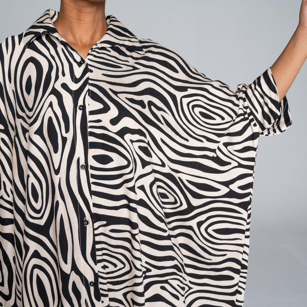 Black/Stone Printed Nylon Crepe Kaftan