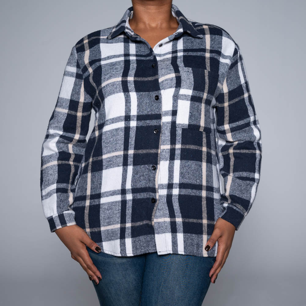 Navy Brush Cotton Check Print Shacket