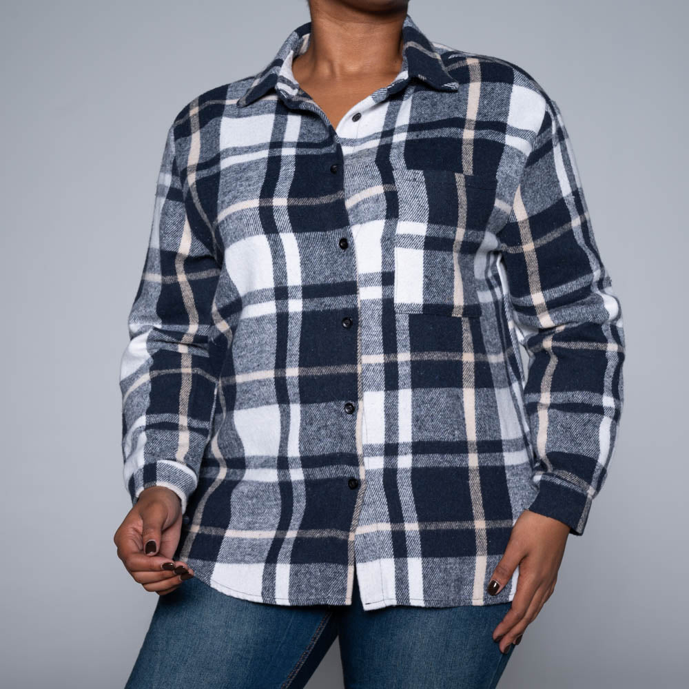 Navy Brush Cotton Check Print Shacket