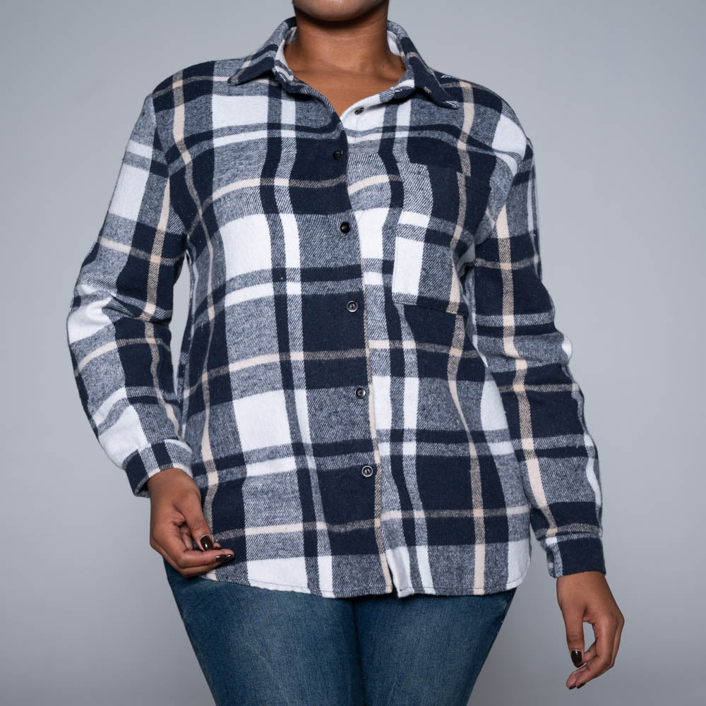 Navy Brush Cotton Check Print Shacket