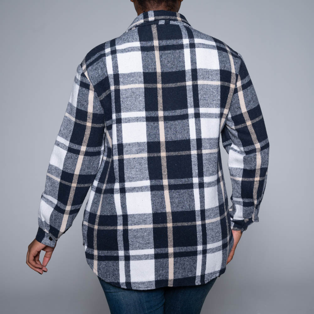 Navy Brush Cotton Check Print Shacket