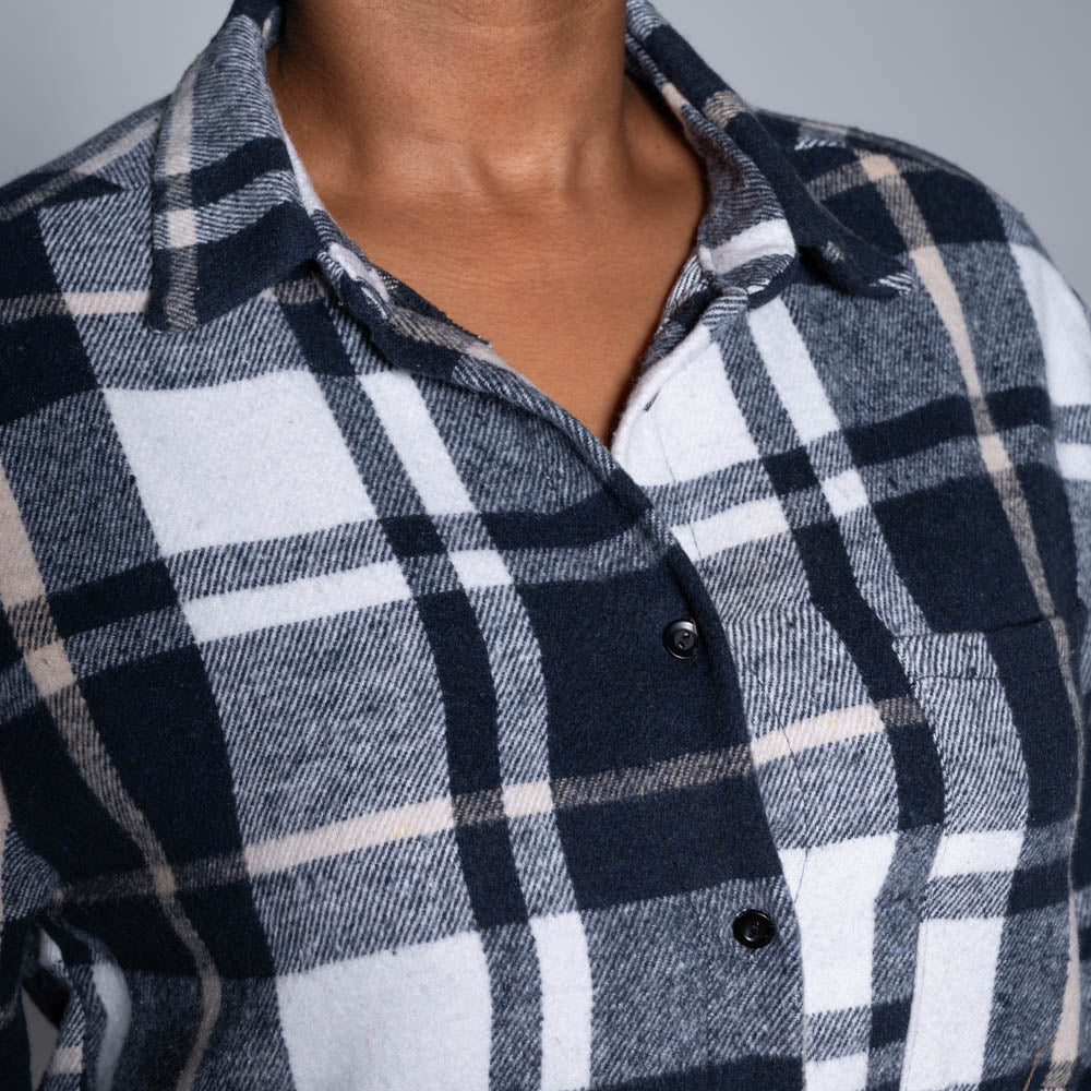 Navy Brush Cotton Check Print Shacket