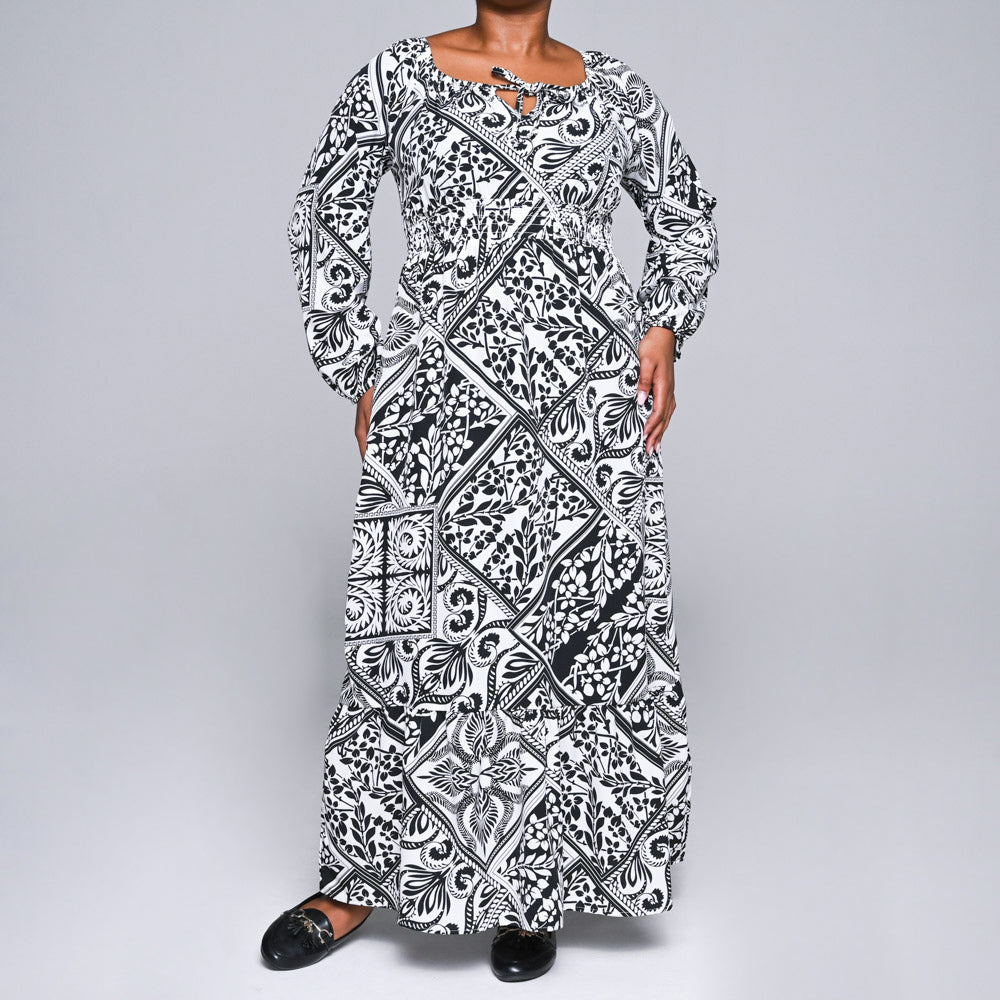 Blk/Ivory Woven Tiered Dress