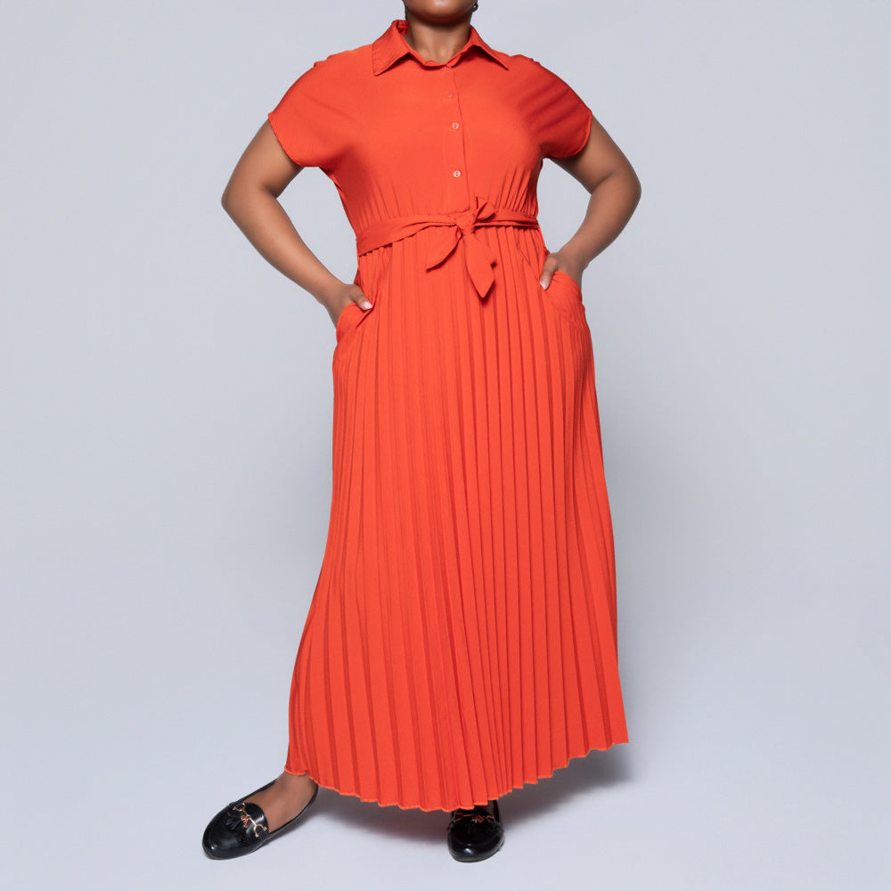Short Sleeve Pleated Brick Dress