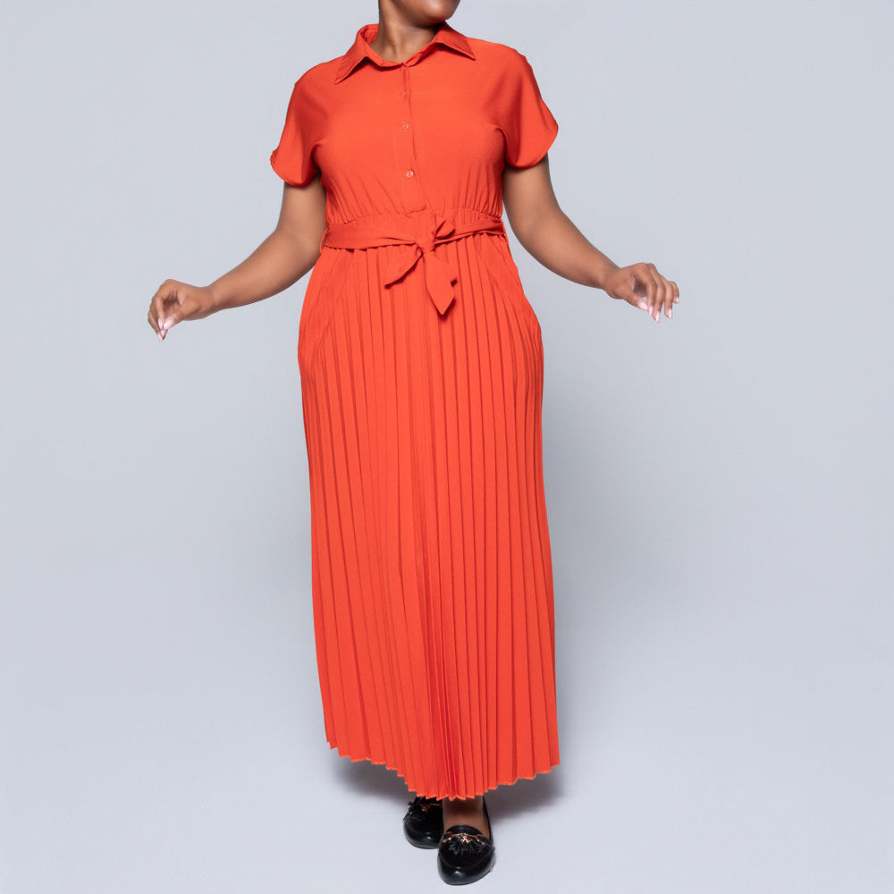 Short Sleeve Pleated Brick Dress
