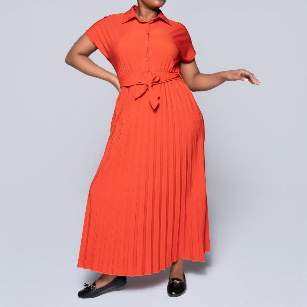 Short Sleeve Pleated Brick Dress