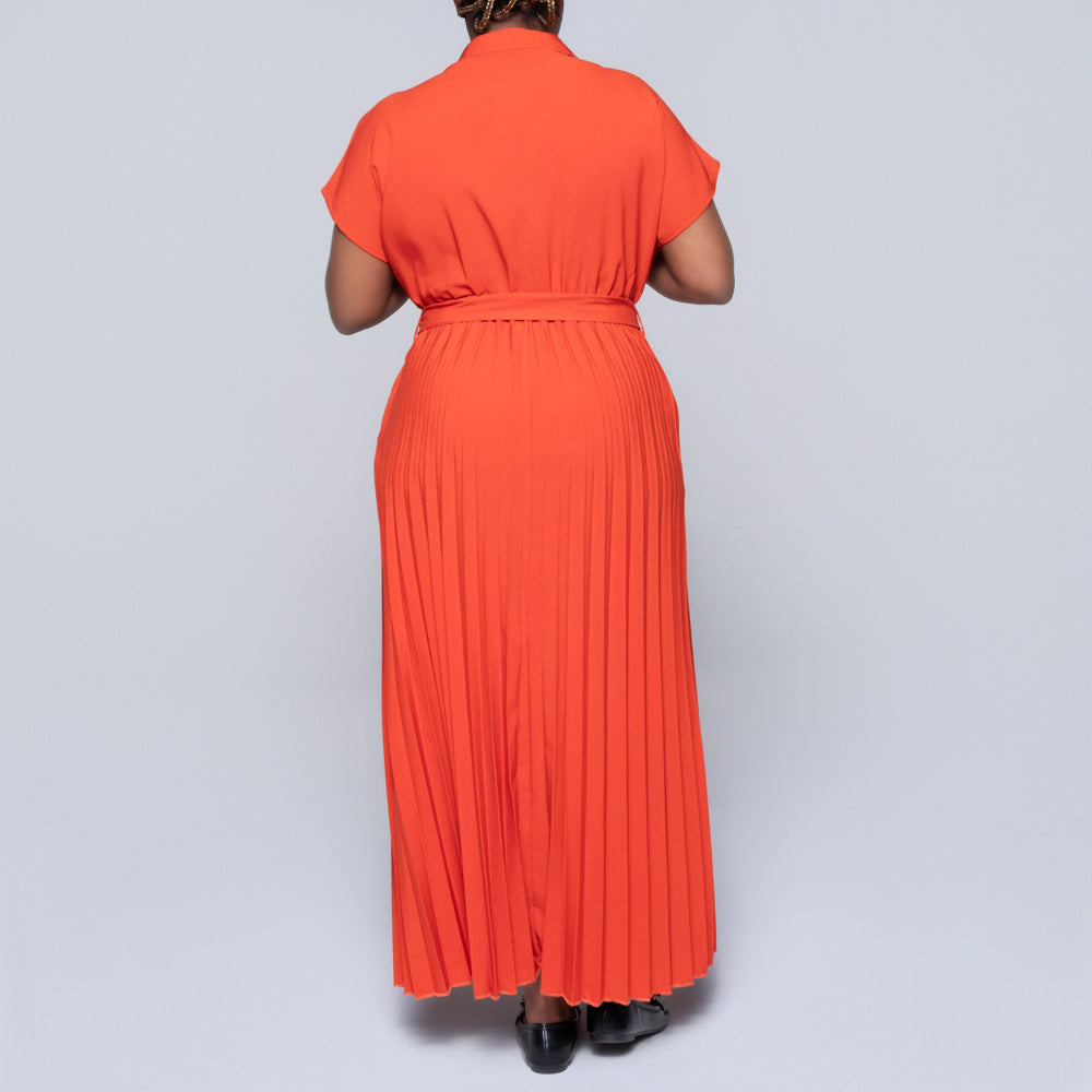 Short Sleeve Pleated Brick Dress