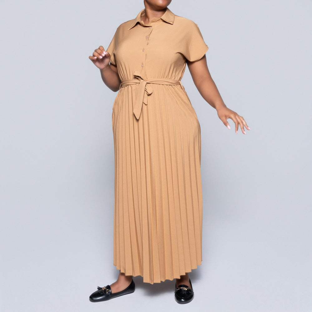 Short Sleeve Pleated Camel Dress