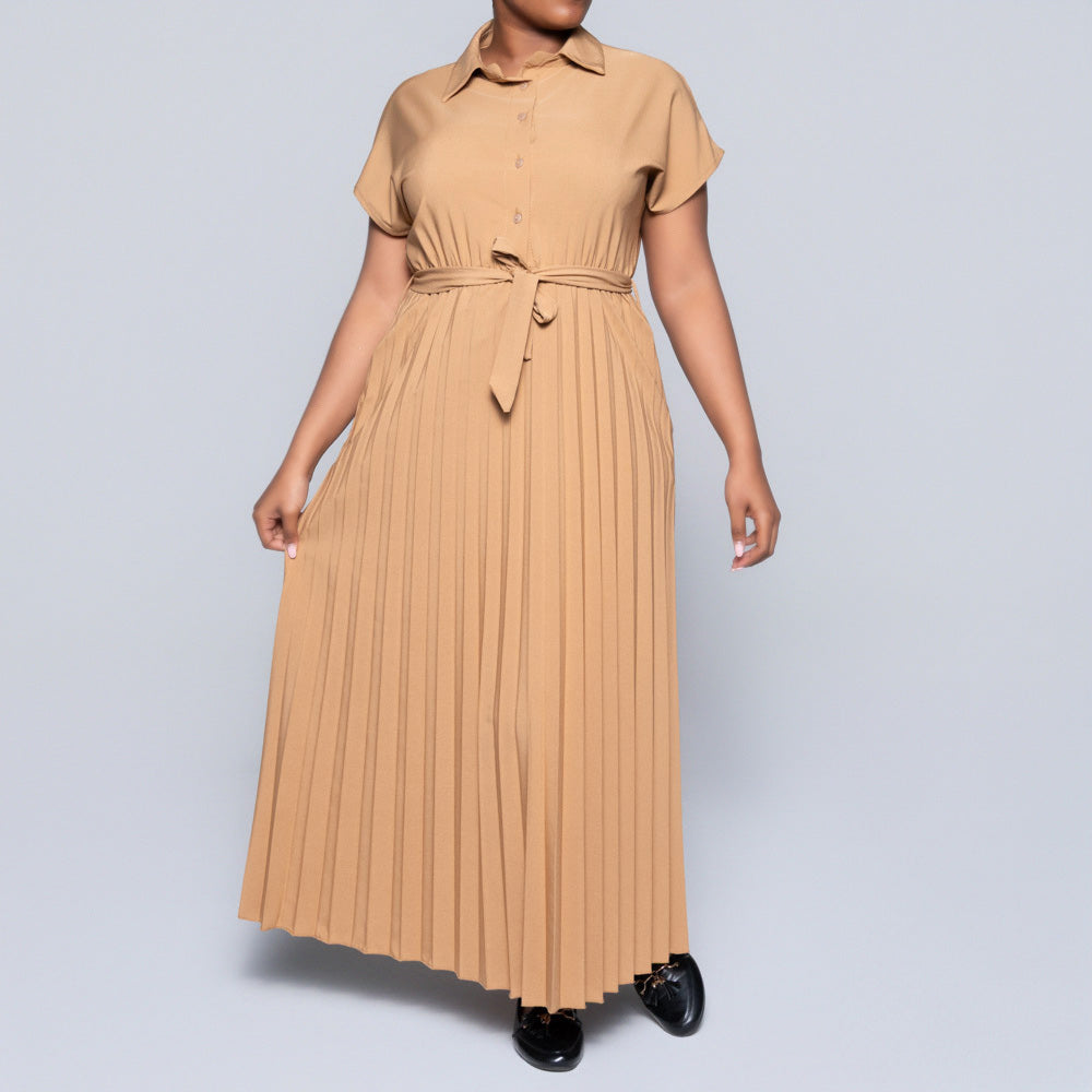 Short Sleeve Pleated Camel Dress
