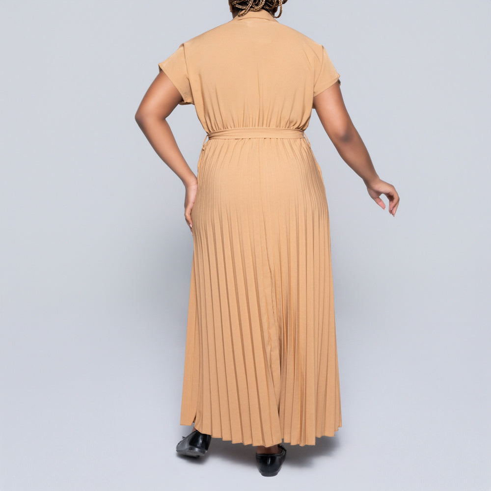 Short Sleeve Pleated Camel Dress