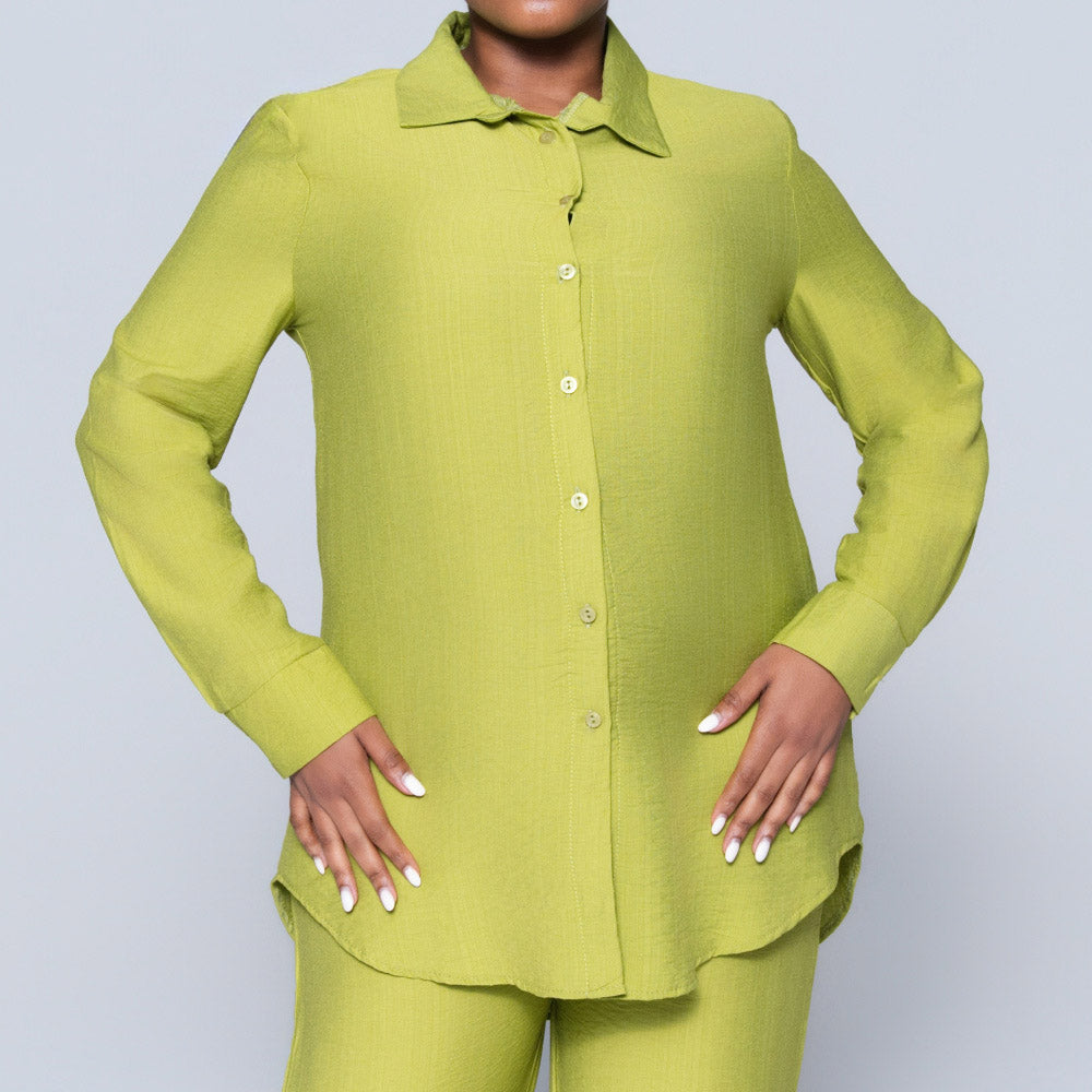 Long Sleeve Plain Button Down Chartreuse Top