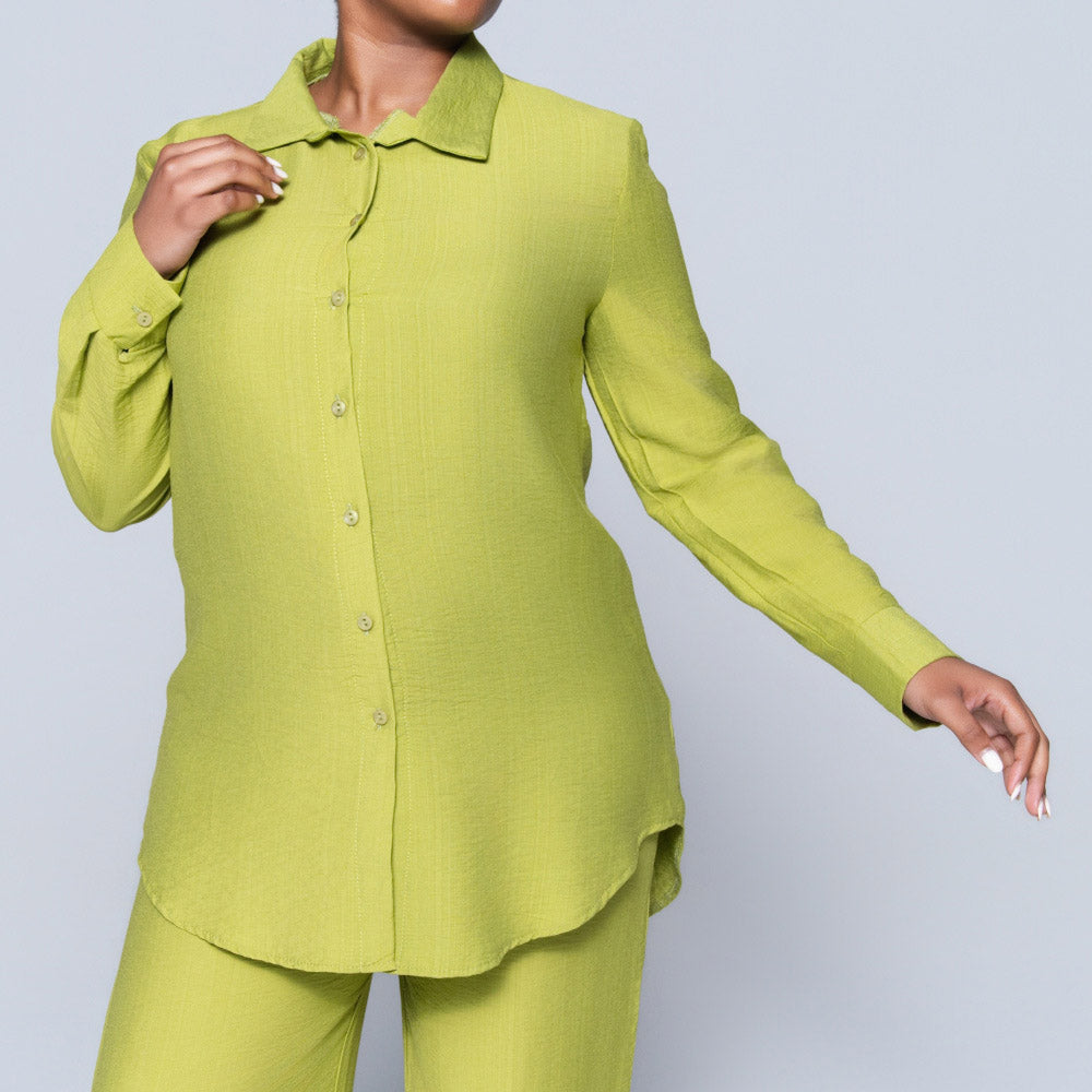 Long Sleeve Plain Button Down Chartreuse Top