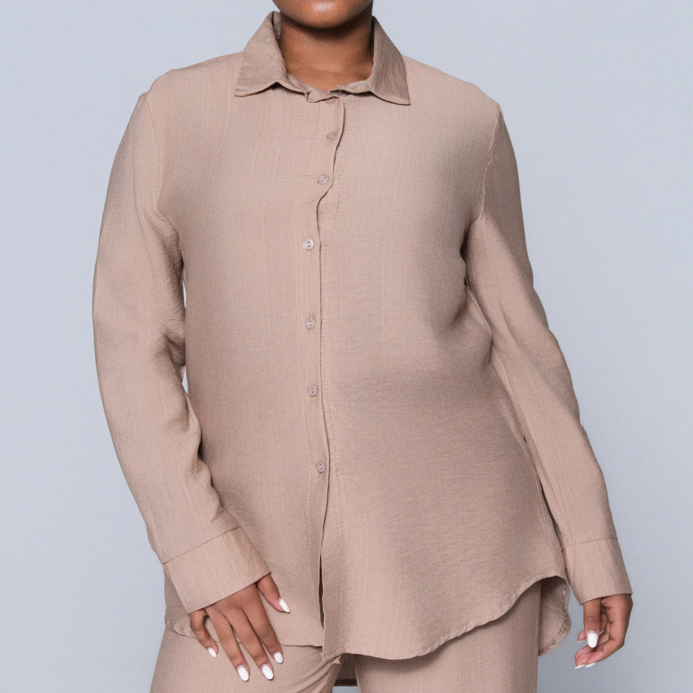 Long Sleeve Plain Button Down Mocca Top